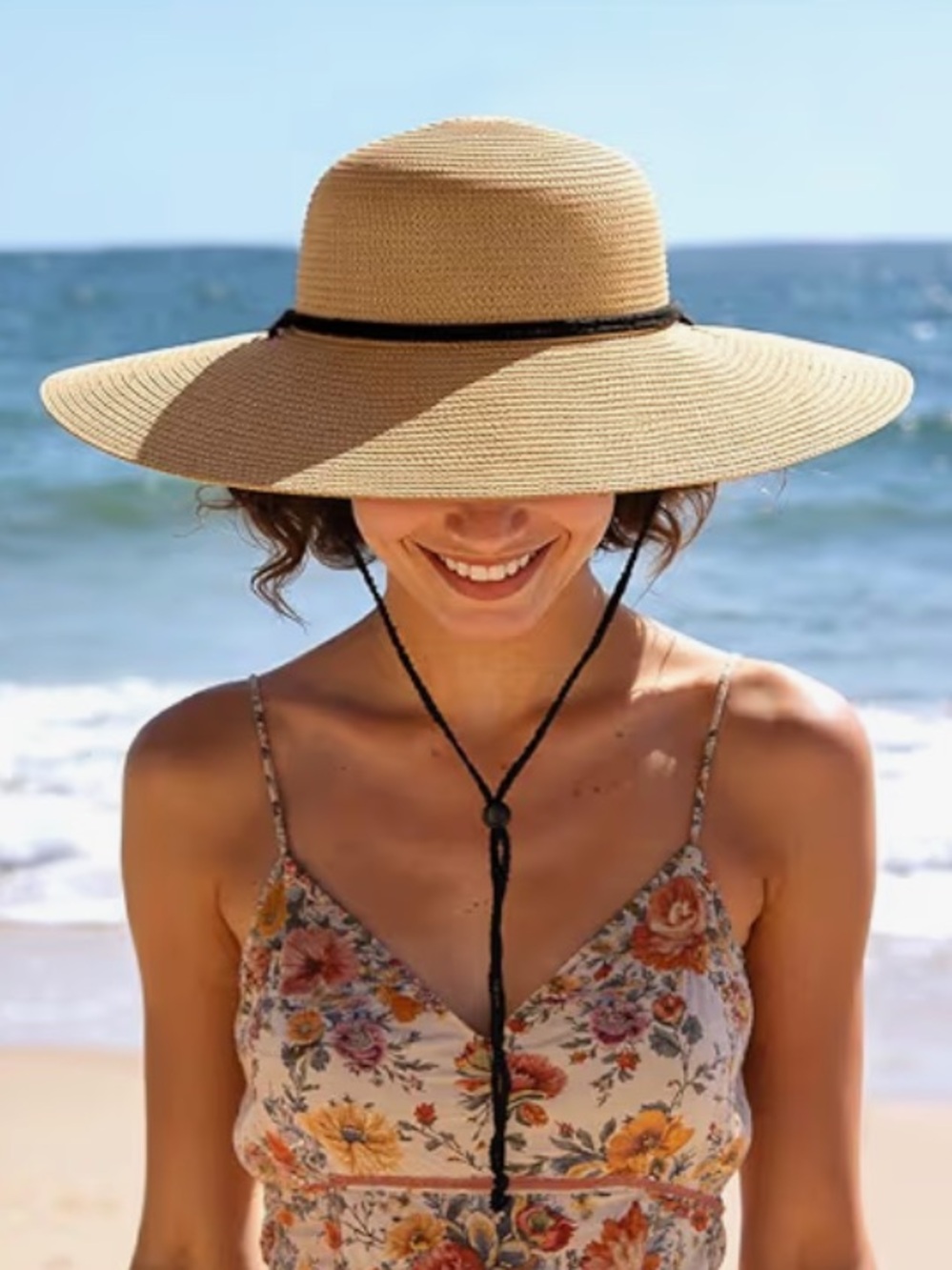 Wind Lanyard Wide Brim Straw Hat Summer Beach Garden Vacation Foldable UPF 50+ - Picture 7 of 8